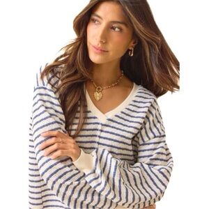 Altar’d State Striped V-Neck Sweater - Navy and Cream Size XS